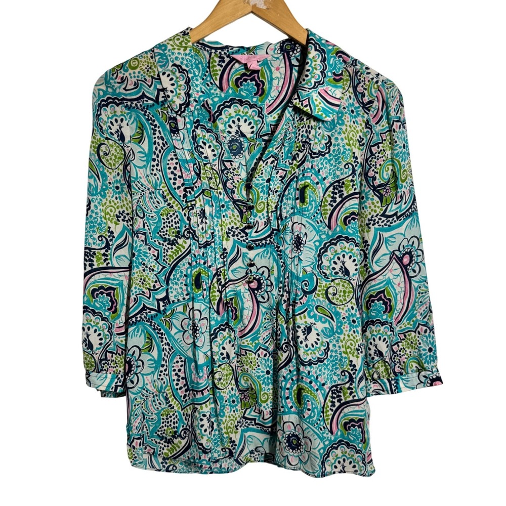 Lilly Pulitzer Elsa Top Blue Green Pink Paisley Peacock Silk Blouse Size 4 Prep